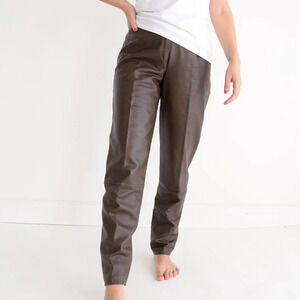 Brown Leather Straight  Leg Mid-Rise Pants